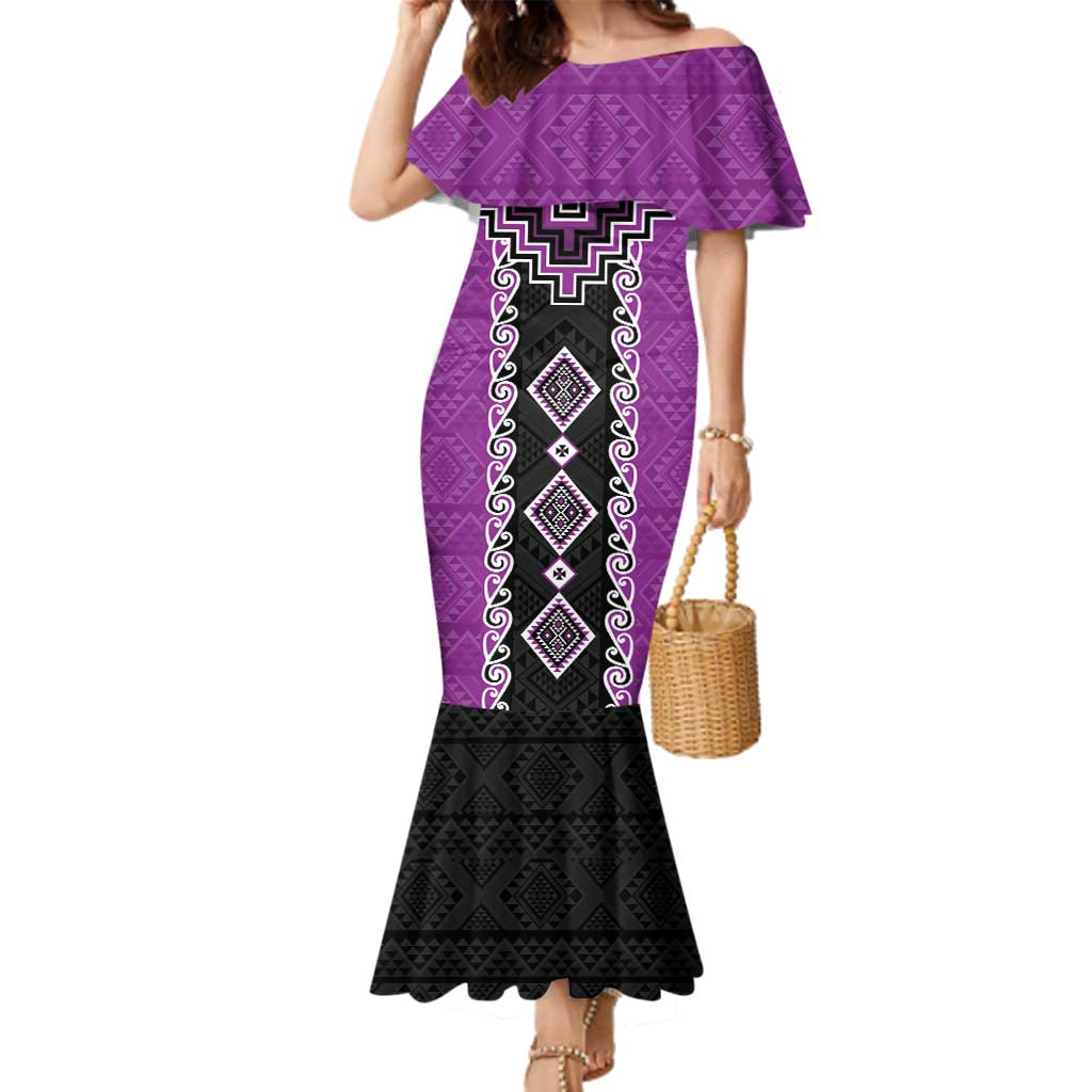Purple Niho Taniwha Mix Poutama Family Matching Mermaid Dress and Hawaiian Shirt Unique Taniko Aotearoa LT01 Mom's Dress Purple - Polynesian Pride