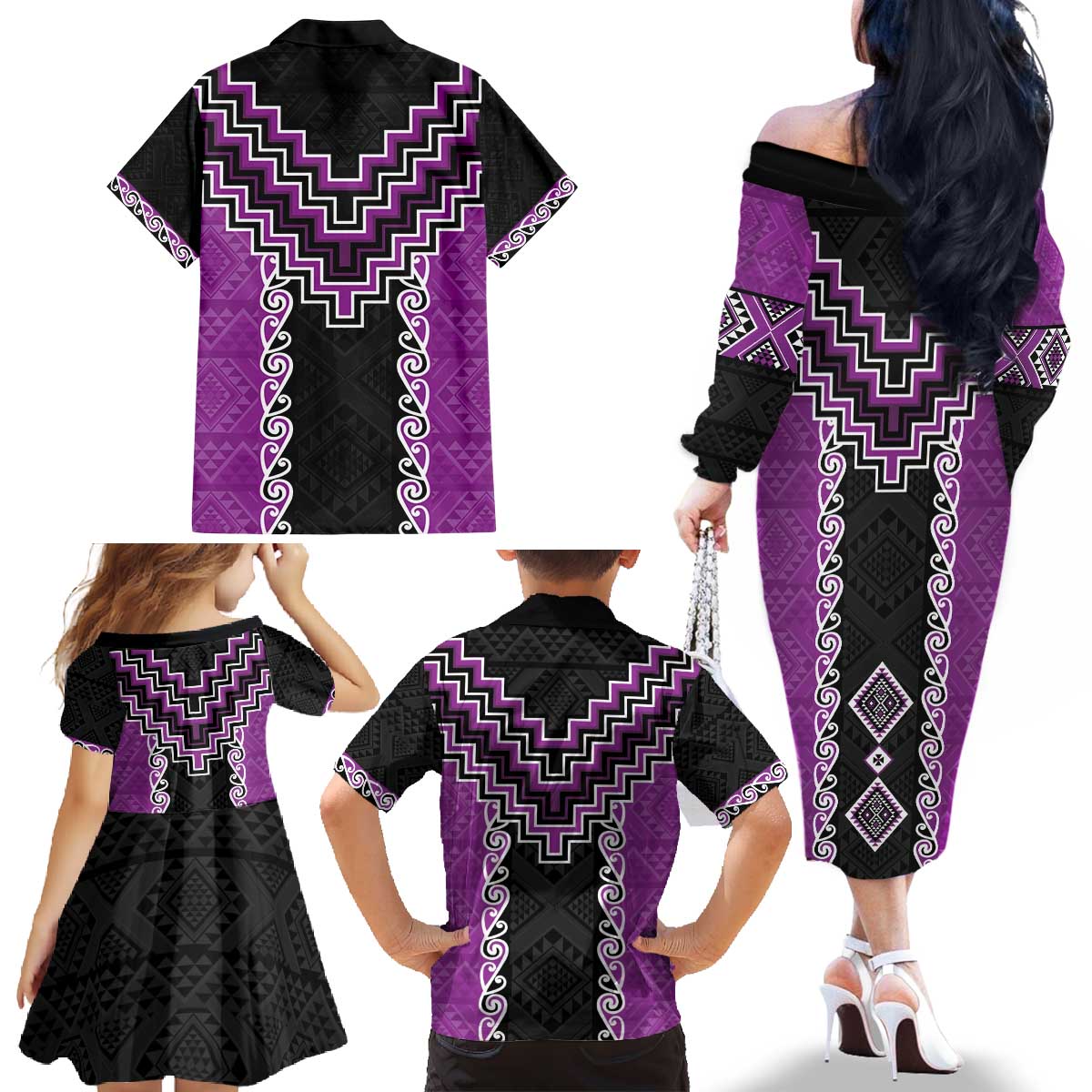 Purple Niho Taniwha Mix Poutama Family Matching Off The Shoulder Long Sleeve Dress and Hawaiian Shirt Unique Taniko Aotearoa LT01 - Polynesian Pride