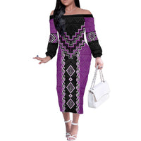 Purple Niho Taniwha Mix Poutama Family Matching Off The Shoulder Long Sleeve Dress and Hawaiian Shirt Unique Taniko Aotearoa LT01 Mom's Dress Purple - Polynesian Pride