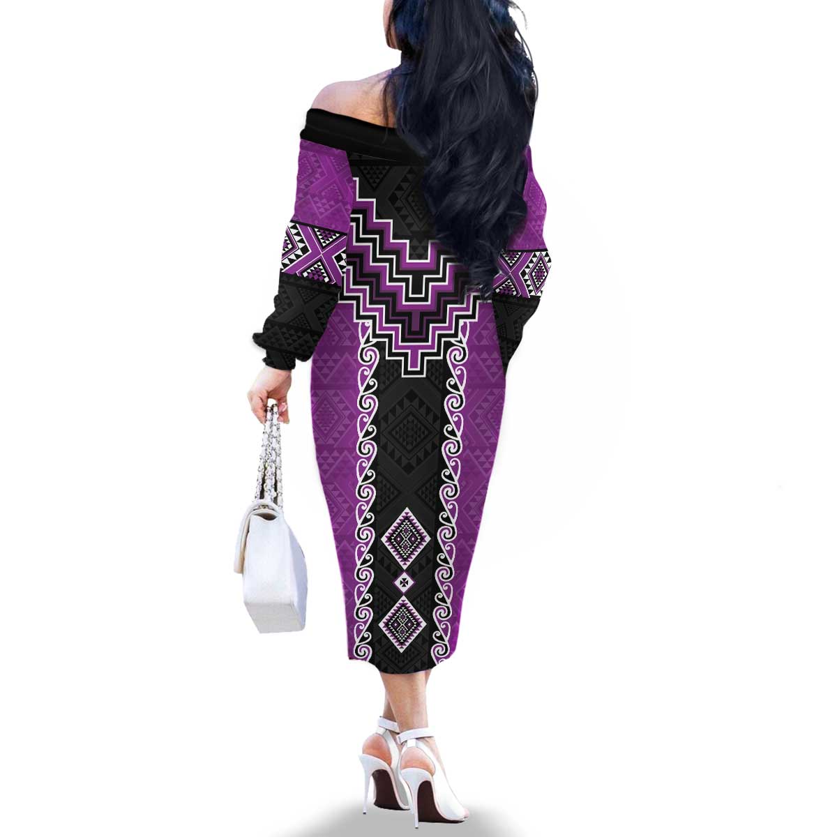 Purple Niho Taniwha Mix Poutama Family Matching Off The Shoulder Long Sleeve Dress and Hawaiian Shirt Unique Taniko Aotearoa LT01 - Polynesian Pride