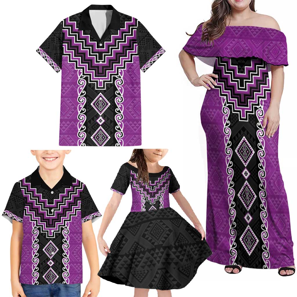 Purple Niho Taniwha Mix Poutama Family Matching Off Shoulder Maxi Dress and Hawaiian Shirt Unique Taniko Aotearoa LT01 - Polynesian Pride