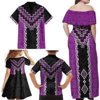 Purple Niho Taniwha Mix Poutama Family Matching Off Shoulder Maxi Dress and Hawaiian Shirt Unique Taniko Aotearoa LT01 - Polynesian Pride
