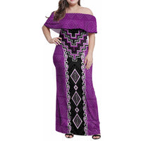 Purple Niho Taniwha Mix Poutama Family Matching Off Shoulder Maxi Dress and Hawaiian Shirt Unique Taniko Aotearoa LT01 Mom's Dress Purple - Polynesian Pride