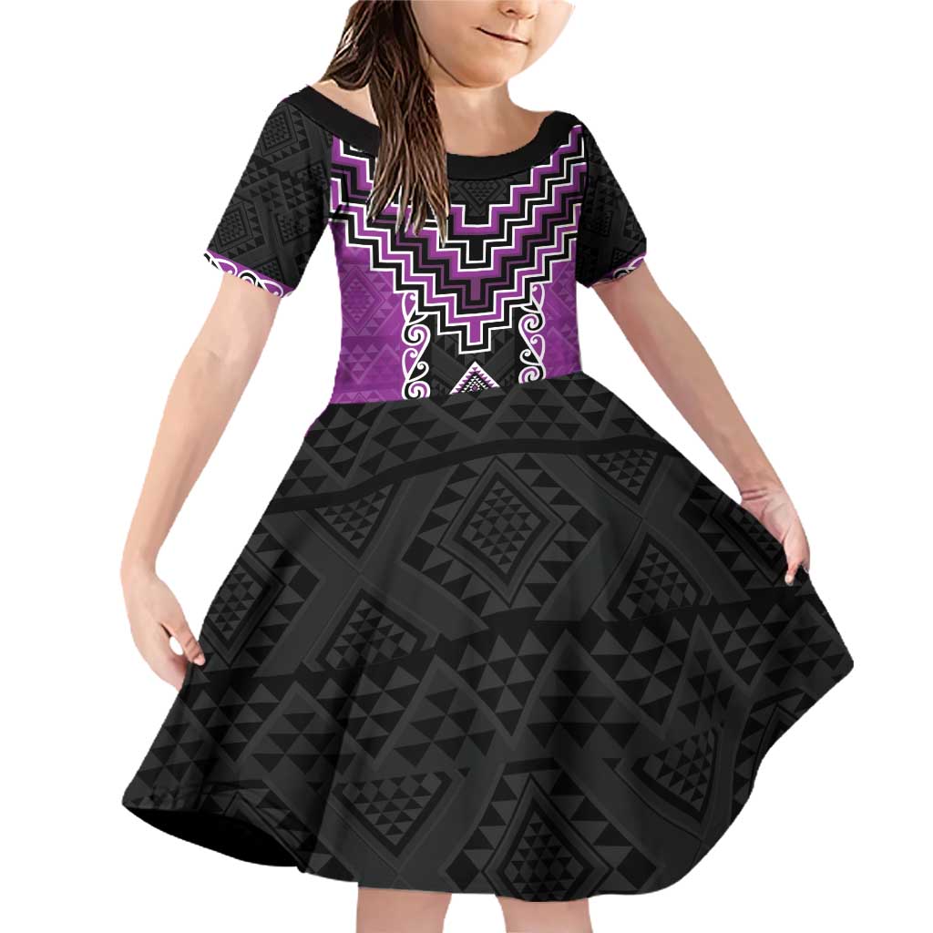 Purple Niho Taniwha Mix Poutama Family Matching Off Shoulder Short Dress and Hawaiian Shirt Unique Taniko Aotearoa LT01 Daughter's Dress Purple - Polynesian Pride