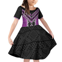 Purple Niho Taniwha Mix Poutama Family Matching Off Shoulder Short Dress and Hawaiian Shirt Unique Taniko Aotearoa LT01 Daughter's Dress Purple - Polynesian Pride