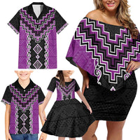 Purple Niho Taniwha Mix Poutama Family Matching Off Shoulder Short Dress and Hawaiian Shirt Unique Taniko Aotearoa LT01 - Polynesian Pride