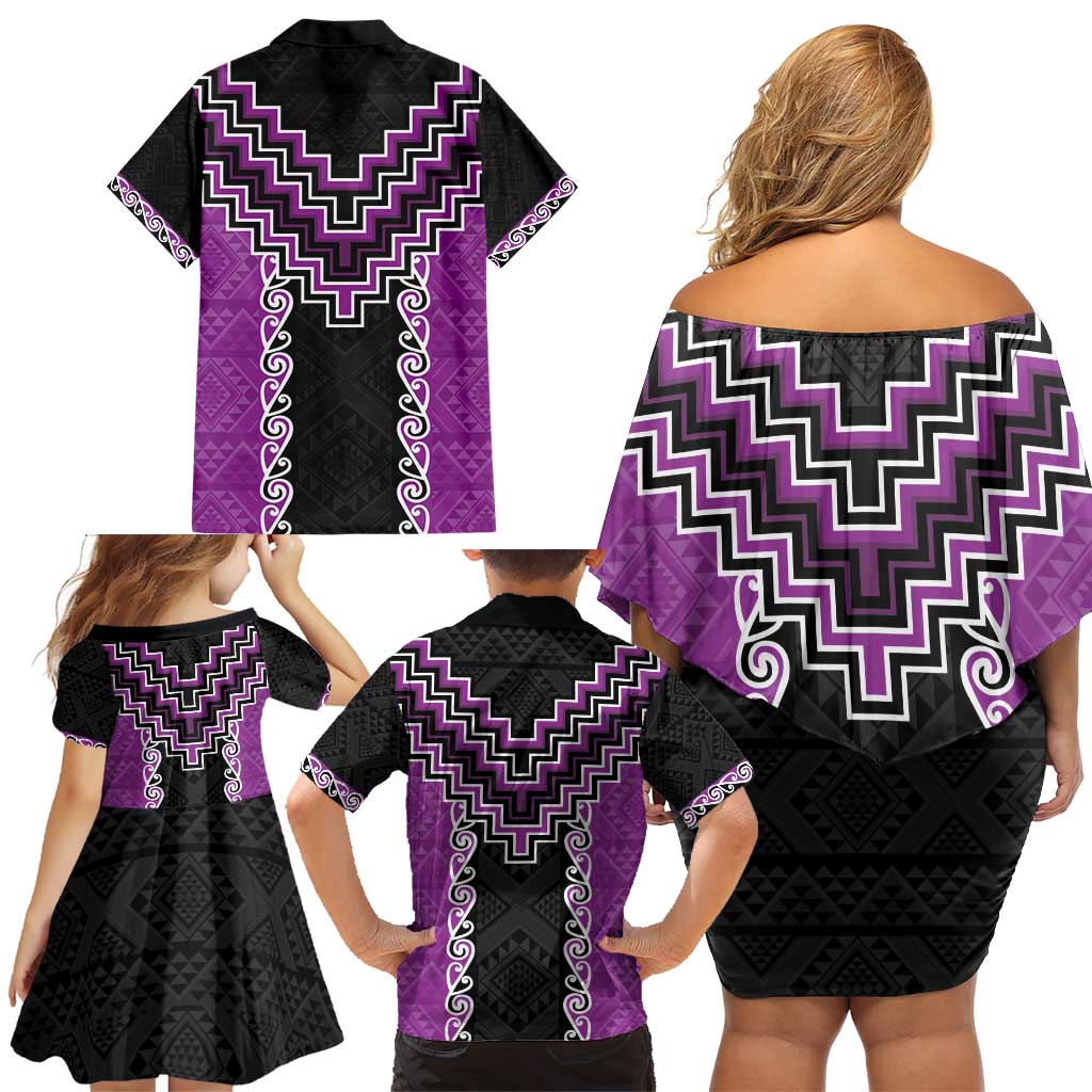 Purple Niho Taniwha Mix Poutama Family Matching Off Shoulder Short Dress and Hawaiian Shirt Unique Taniko Aotearoa LT01 - Polynesian Pride