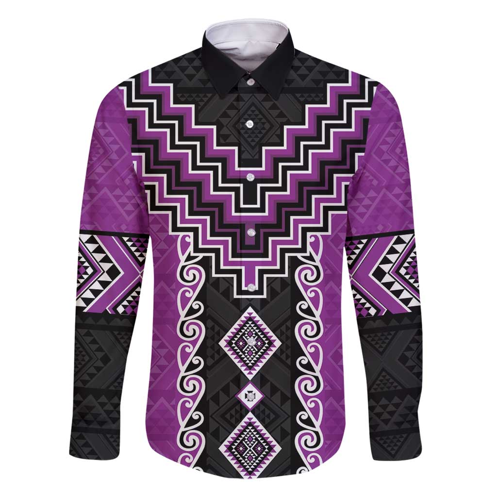 Purple Niho Taniwha Mix Poutama Family Matching Off Shoulder Short Dress and Hawaiian Shirt Unique Taniko Aotearoa LT01 Dad's Shirt - Long Sleeve Purple - Polynesian Pride