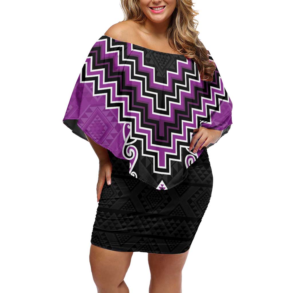 Purple Niho Taniwha Mix Poutama Family Matching Off Shoulder Short Dress and Hawaiian Shirt Unique Taniko Aotearoa LT01 Mom's Dress Purple - Polynesian Pride