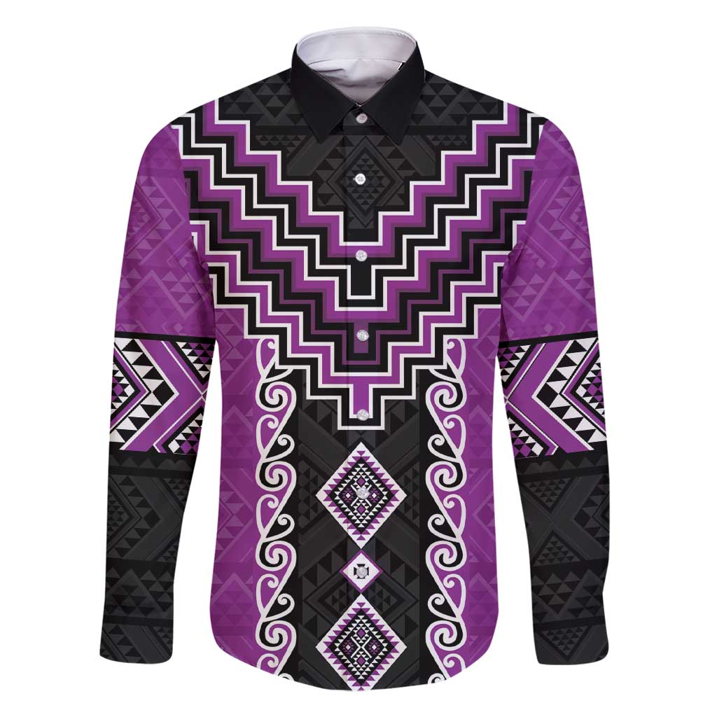Purple Niho Taniwha Mix Poutama Family Matching Short Sleeve Bodycon Dress and Hawaiian Shirt Unique Taniko Aotearoa LT01 Dad's Shirt - Long Sleeve Purple - Polynesian Pride