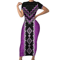 Purple Niho Taniwha Mix Poutama Family Matching Short Sleeve Bodycon Dress and Hawaiian Shirt Unique Taniko Aotearoa LT01 Mom's Dress Purple - Polynesian Pride