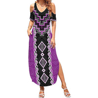 Purple Niho Taniwha Mix Poutama Family Matching Summer Maxi Dress and Hawaiian Shirt Unique Taniko Aotearoa LT01 Mom's Dress Purple - Polynesian Pride
