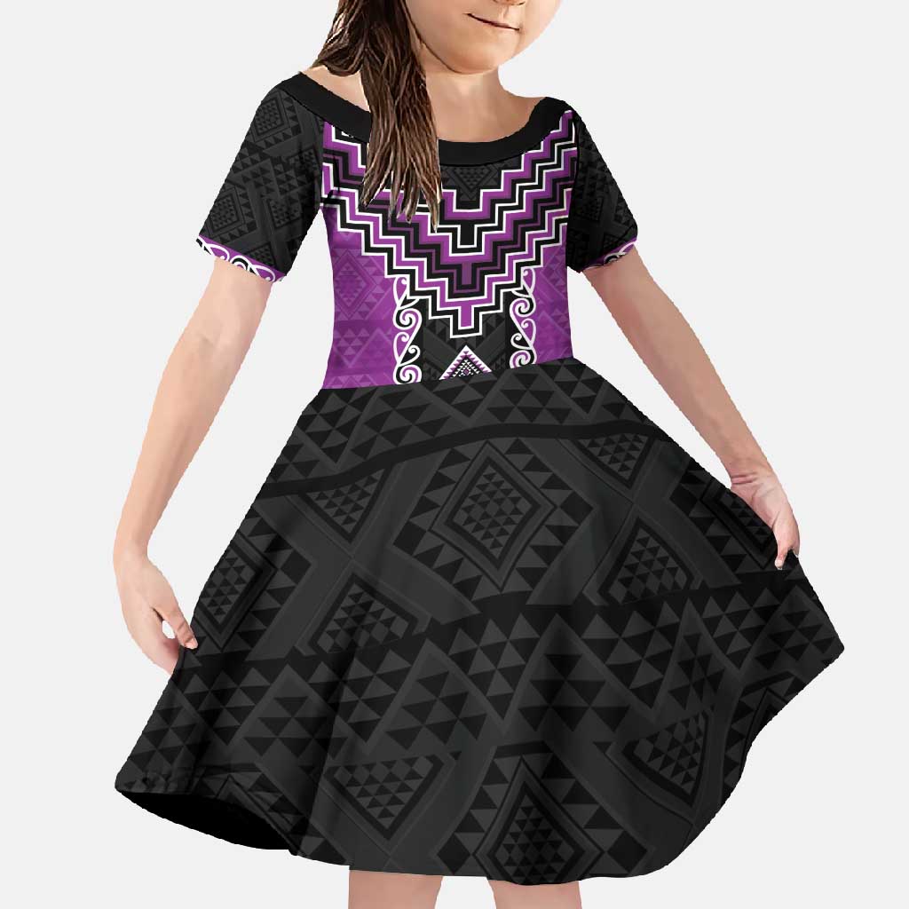 Purple Niho Taniwha Mix Poutama Family Matching Tank Maxi Dress and Hawaiian Shirt Unique Taniko Aotearoa LT01 Daughter's Dress Purple - Polynesian Pride