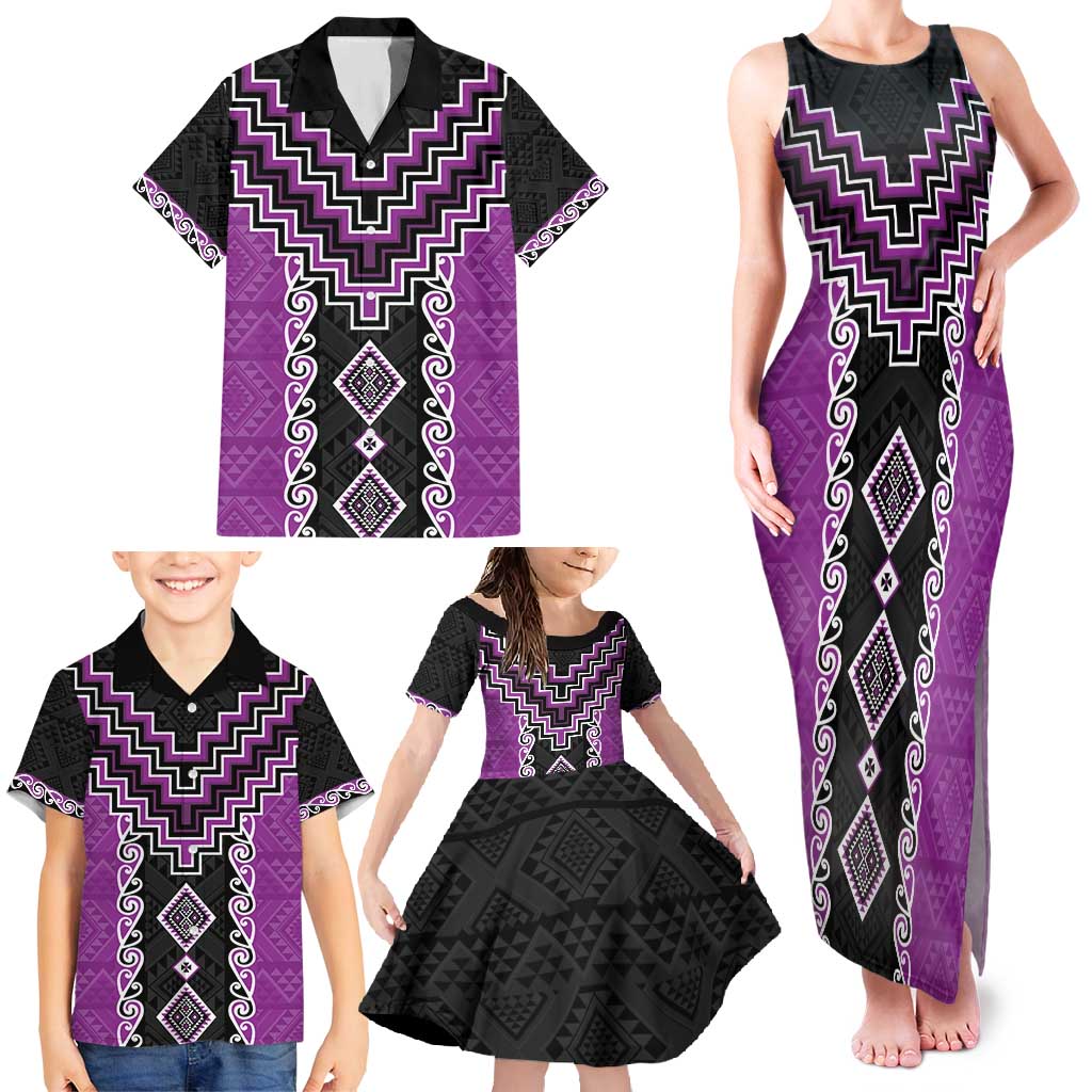 Purple Niho Taniwha Mix Poutama Family Matching Tank Maxi Dress and Hawaiian Shirt Unique Taniko Aotearoa LT01 - Polynesian Pride