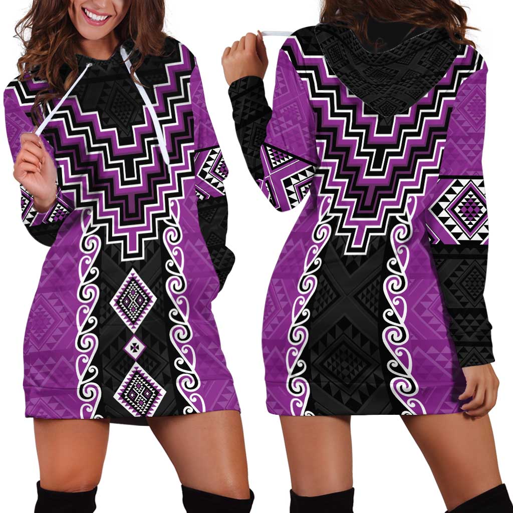 Purple Niho Taniwha Mix Poutama Hoodie Dress Unique Taniko Aotearoa