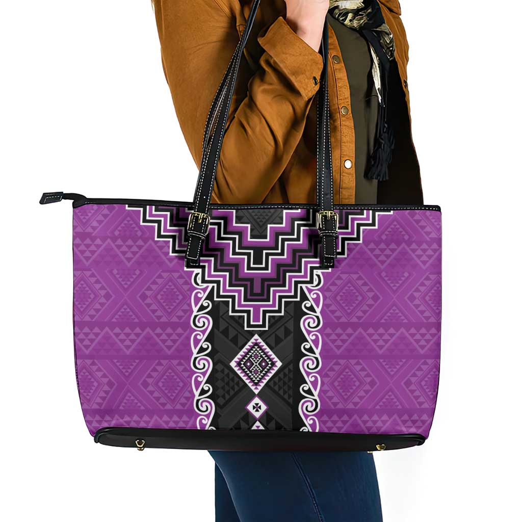 Purple Niho Taniwha Mix Poutama Leather Tote Bag Unique Taniko Aotearoa LT01 - Polynesian Pride