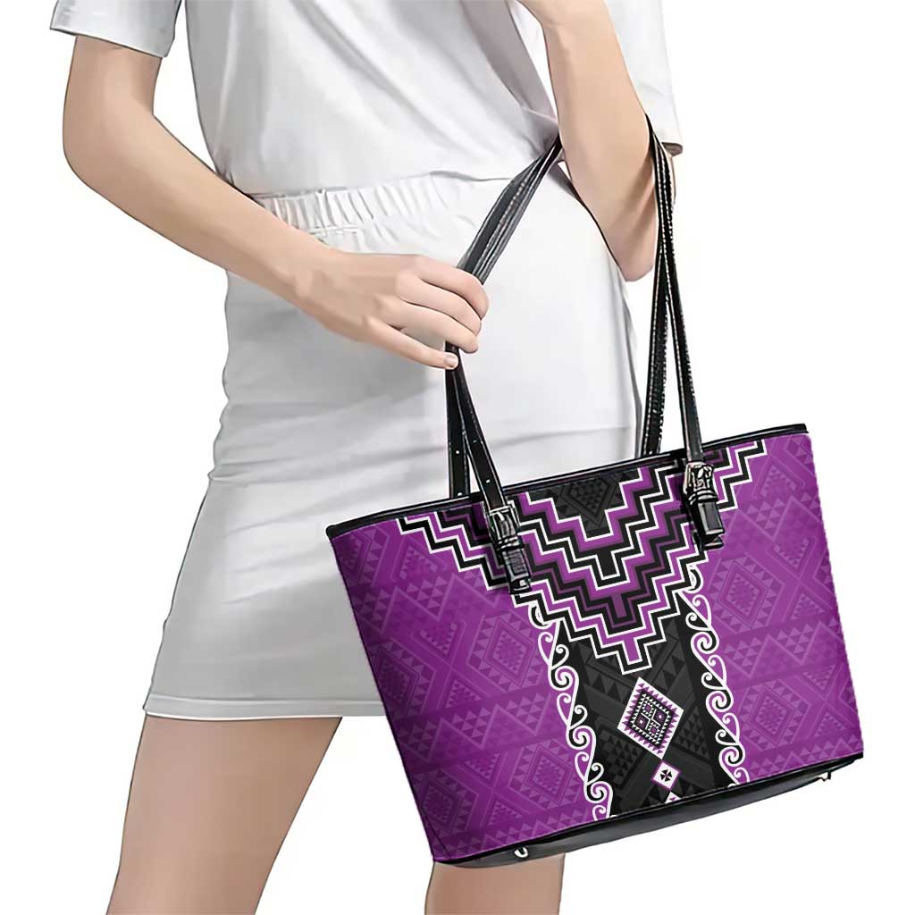 Purple Niho Taniwha Mix Poutama Leather Tote Bag Unique Taniko Aotearoa LT01 - Polynesian Pride