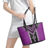 Purple Niho Taniwha Mix Poutama Leather Tote Bag Unique Taniko Aotearoa LT01 - Polynesian Pride