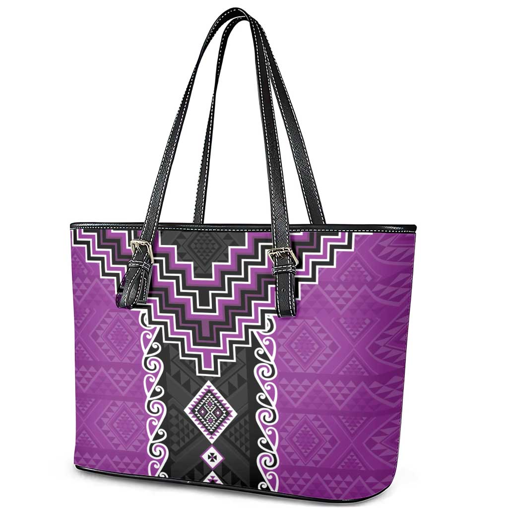 Purple Niho Taniwha Mix Poutama Leather Tote Bag Unique Taniko Aotearoa LT01 - Polynesian Pride