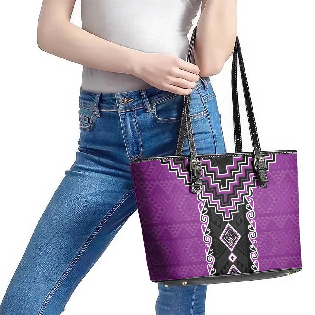 Purple Niho Taniwha Mix Poutama Leather Tote Bag Unique Taniko Aotearoa LT01 - Polynesian Pride