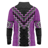 Purple Niho Taniwha Mix Poutama Long Sleeve Polo Shirt Unique Taniko Aotearoa