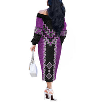 Purple Niho Taniwha Mix Poutama Off The Shoulder Long Sleeve Dress Unique Taniko Aotearoa