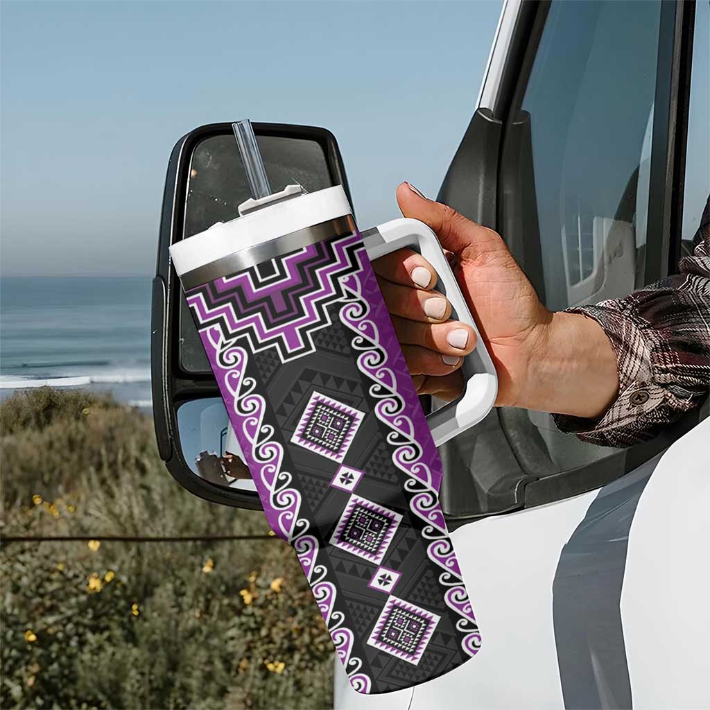 Purple Niho Taniwha Mix Poutama Tumbler With Handle Unique Taniko Aotearoa