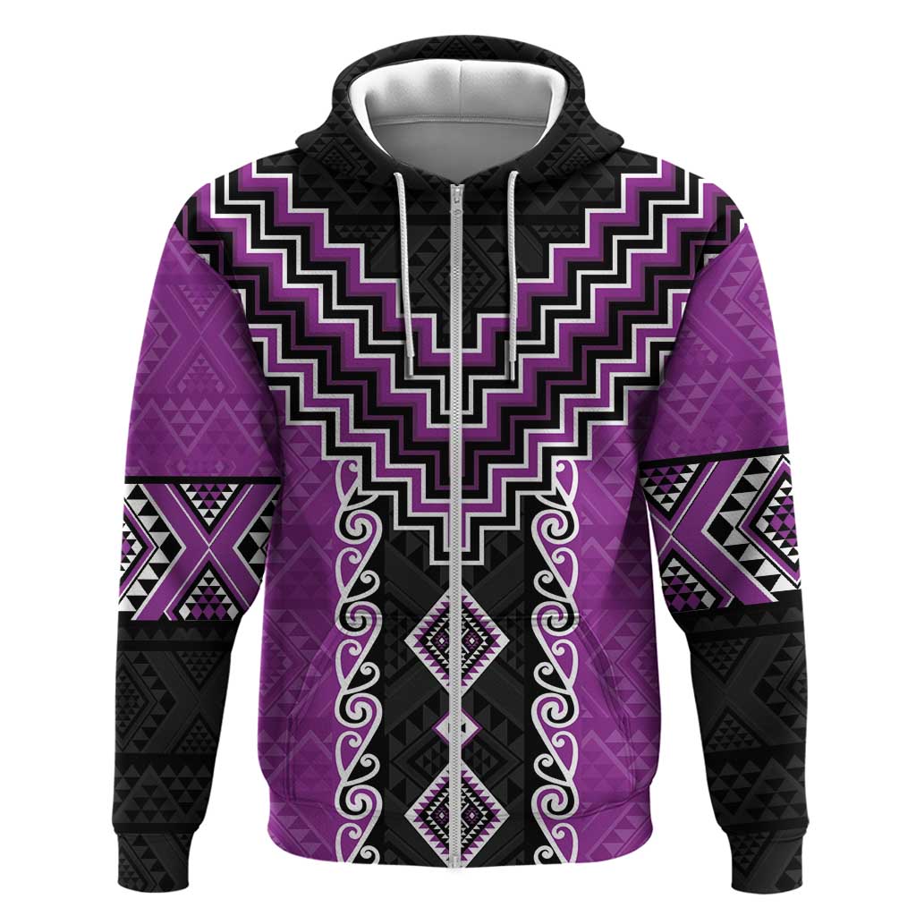 Purple Niho Taniwha Mix Poutama Zip Hoodie Unique Taniko Aotearoa LT01 Zip Hoodie Purple - Polynesian Pride