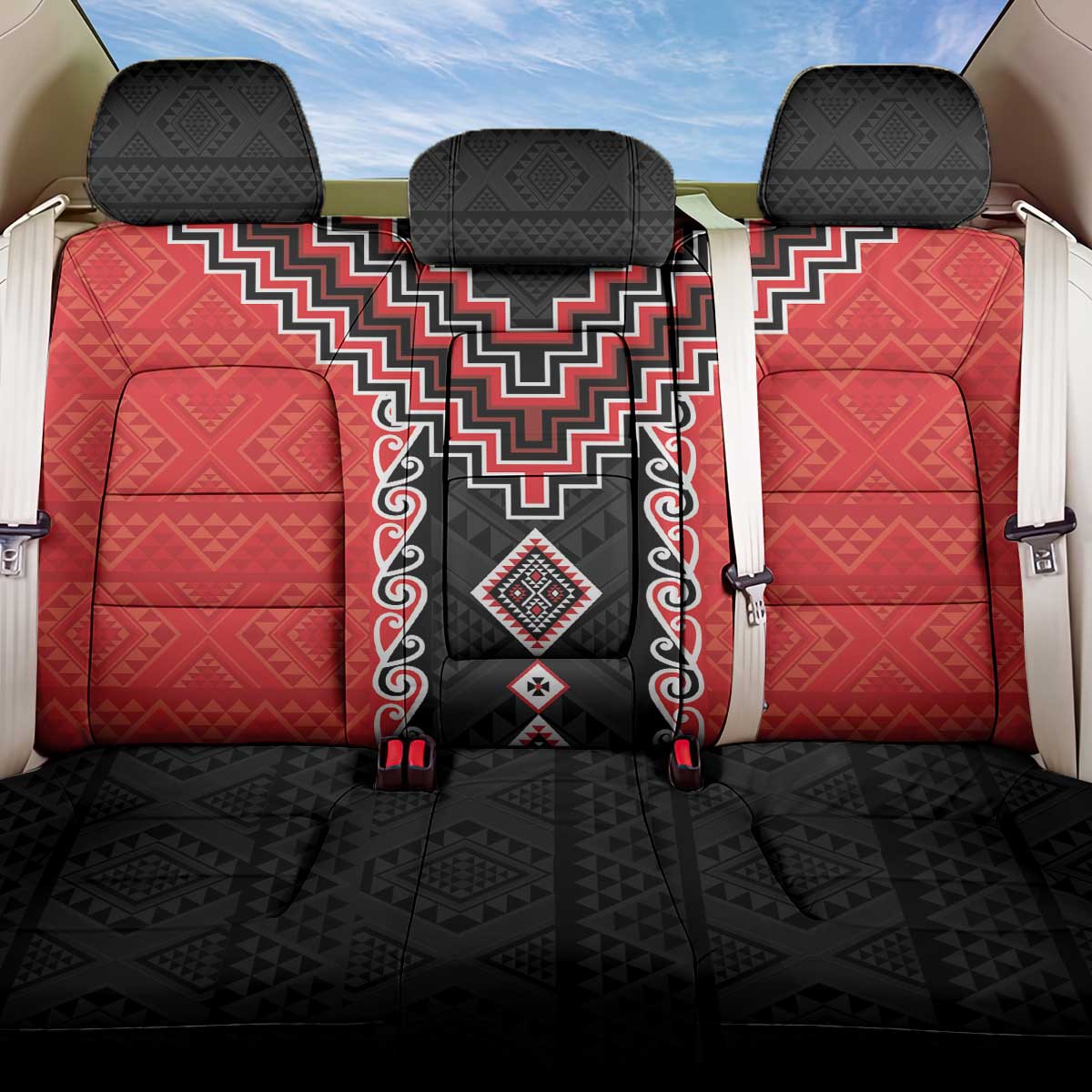 Red Niho Taniwha Mix Poutama Back Car Seat Cover Unique Taniko Aotearoa LT01 One Size Red - Polynesian Pride