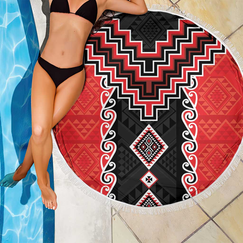 Red Niho Taniwha Mix Poutama Beach Blanket Unique Taniko Aotearoa