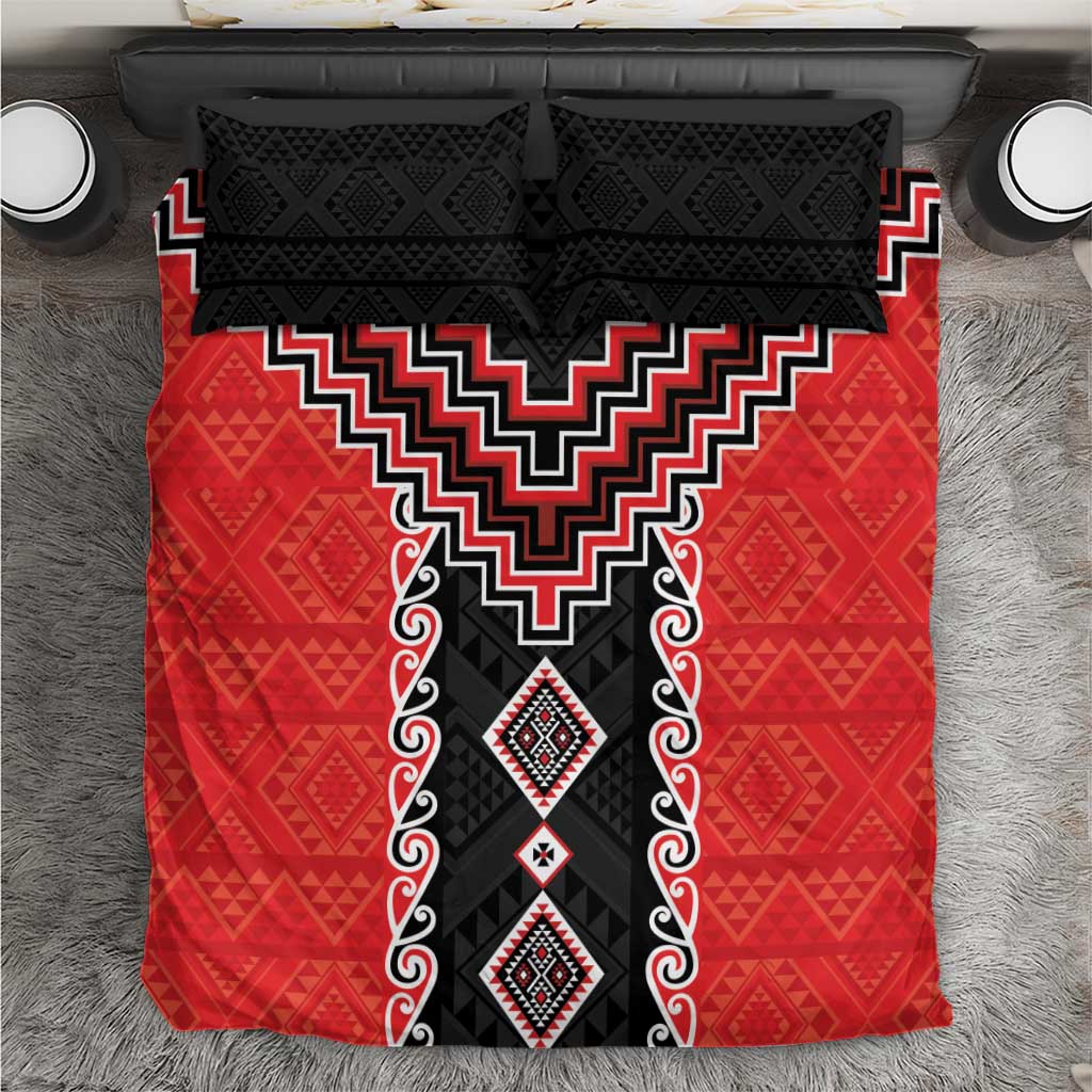 Red Niho Taniwha Mix Poutama Bedding Set Unique Taniko Aotearoa LT01 Red - Polynesian Pride