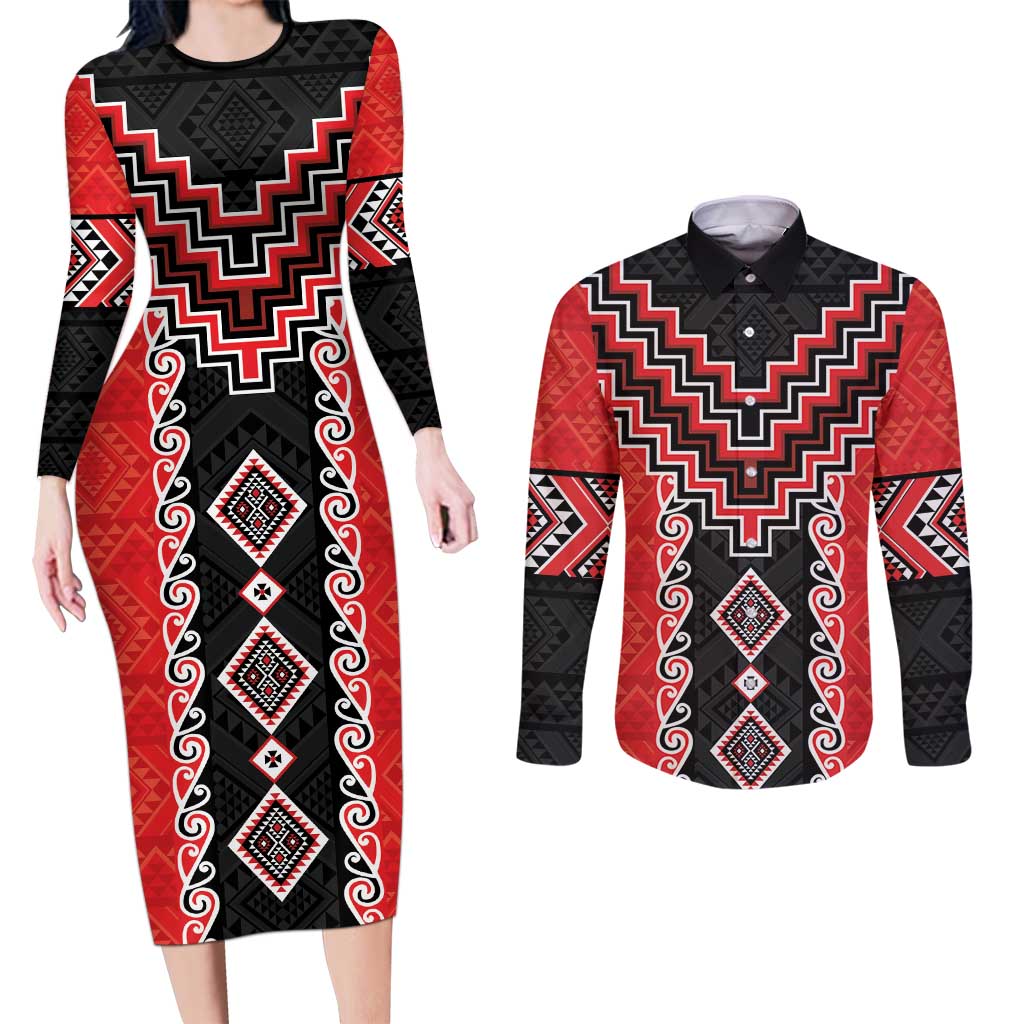 Red Niho Taniwha Mix Poutama Couples Matching Long Sleeve Bodycon Dress and Long Sleeve Button Shirt Unique Taniko Aotearoa LT01 Red - Polynesian Pride