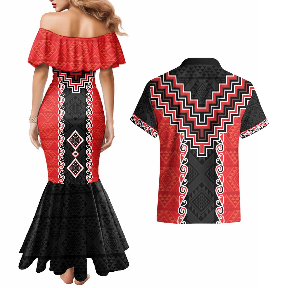 Red Niho Taniwha Mix Poutama Couples Matching Mermaid Dress and Hawaiian Shirt Unique Taniko Aotearoa