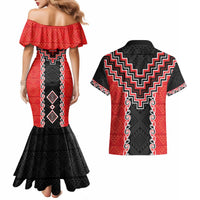 Red Niho Taniwha Mix Poutama Couples Matching Mermaid Dress and Hawaiian Shirt Unique Taniko Aotearoa
