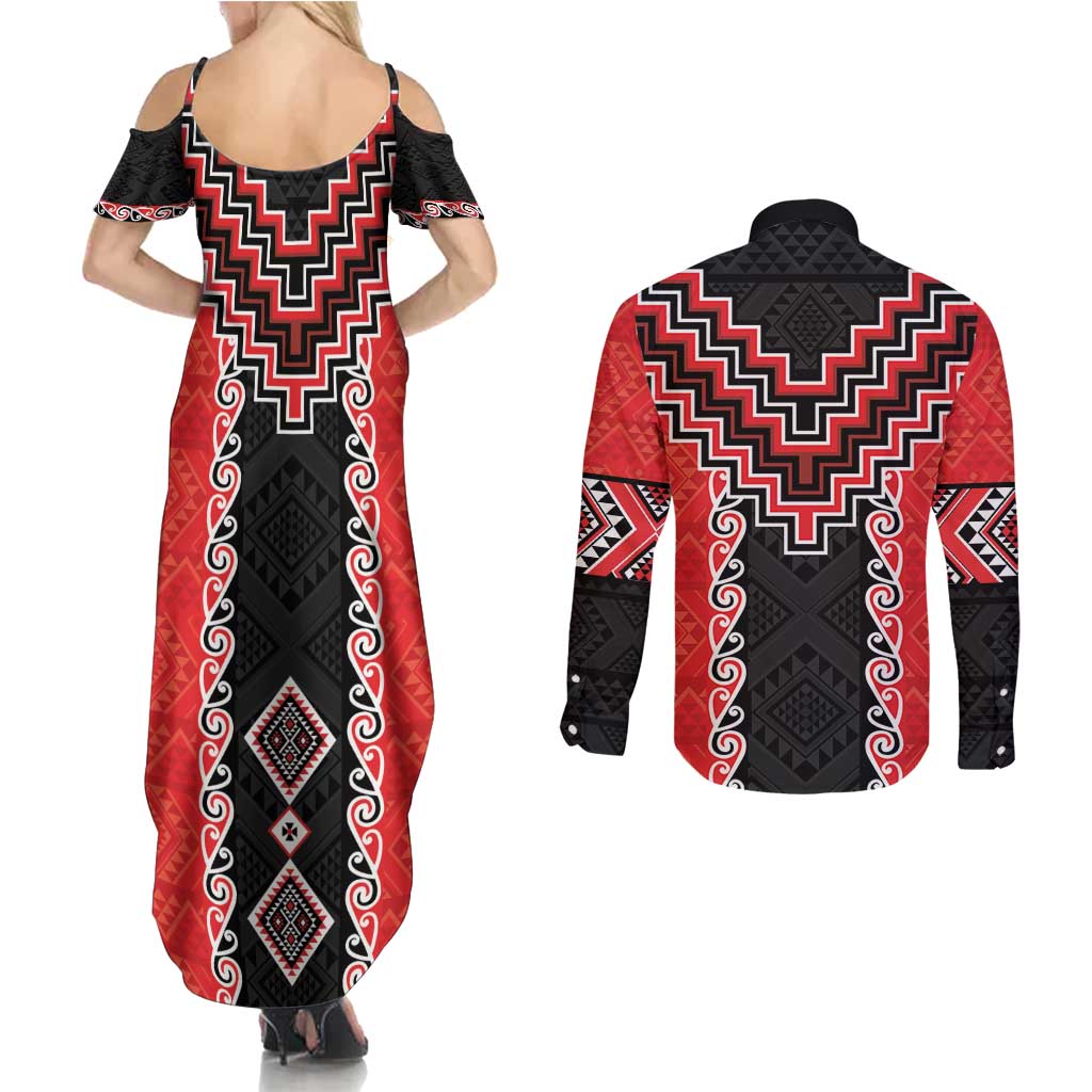 Red Niho Taniwha Mix Poutama Couples Matching Summer Maxi Dress and Long Sleeve Button Shirt Unique Taniko Aotearoa
