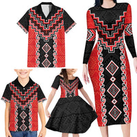 Red Niho Taniwha Mix Poutama Family Matching Long Sleeve Bodycon Dress and Hawaiian Shirt Unique Taniko Aotearoa LT01 - Polynesian Pride