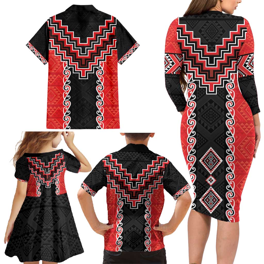 Red Niho Taniwha Mix Poutama Family Matching Long Sleeve Bodycon Dress and Hawaiian Shirt Unique Taniko Aotearoa LT01 - Polynesian Pride