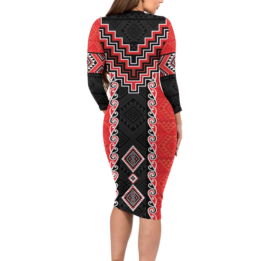 Red Niho Taniwha Mix Poutama Family Matching Long Sleeve Bodycon Dress and Hawaiian Shirt Unique Taniko Aotearoa LT01 - Polynesian Pride
