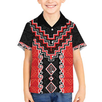 Red Niho Taniwha Mix Poutama Family Matching Long Sleeve Bodycon Dress and Hawaiian Shirt Unique Taniko Aotearoa LT01 Son's Shirt Red - Polynesian Pride