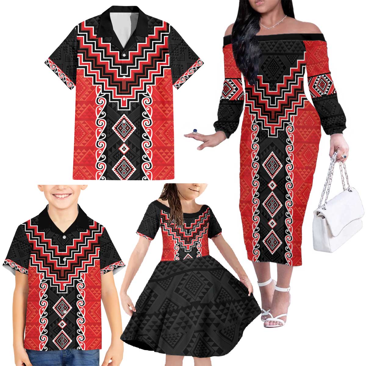Red Niho Taniwha Mix Poutama Family Matching Off The Shoulder Long Sleeve Dress and Hawaiian Shirt Unique Taniko Aotearoa LT01 - Polynesian Pride