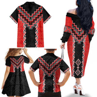 Red Niho Taniwha Mix Poutama Family Matching Off The Shoulder Long Sleeve Dress and Hawaiian Shirt Unique Taniko Aotearoa LT01 - Polynesian Pride