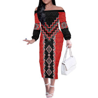 Red Niho Taniwha Mix Poutama Family Matching Off The Shoulder Long Sleeve Dress and Hawaiian Shirt Unique Taniko Aotearoa LT01 Mom's Dress Red - Polynesian Pride