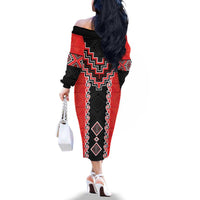 Red Niho Taniwha Mix Poutama Family Matching Off The Shoulder Long Sleeve Dress and Hawaiian Shirt Unique Taniko Aotearoa LT01 - Polynesian Pride