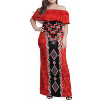 Red Niho Taniwha Mix Poutama Family Matching Off Shoulder Maxi Dress and Hawaiian Shirt Unique Taniko Aotearoa