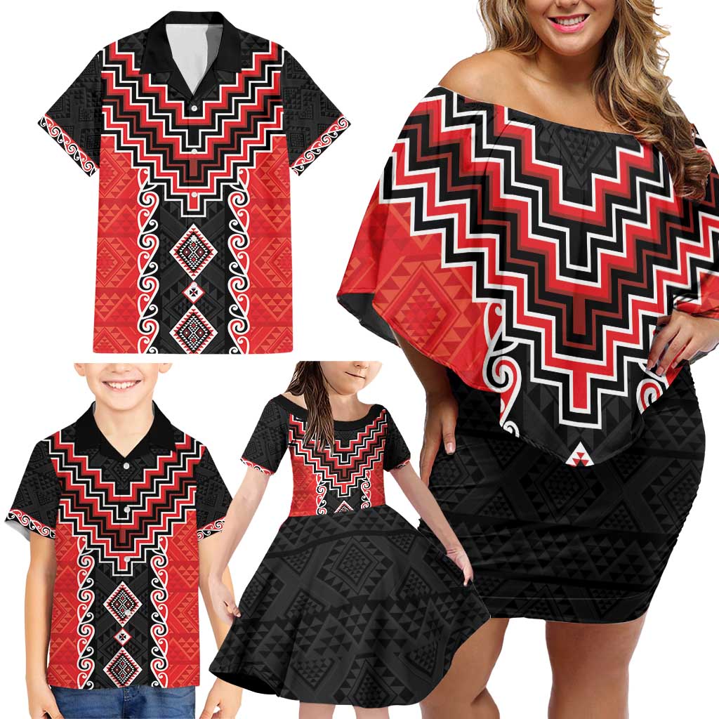 Red Niho Taniwha Mix Poutama Family Matching Off Shoulder Short Dress and Hawaiian Shirt Unique Taniko Aotearoa LT01 - Polynesian Pride