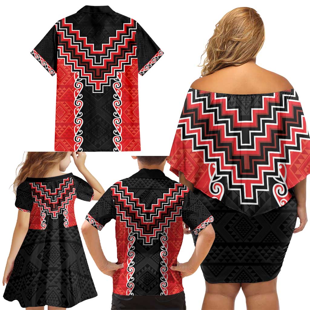 Red Niho Taniwha Mix Poutama Family Matching Off Shoulder Short Dress and Hawaiian Shirt Unique Taniko Aotearoa LT01 - Polynesian Pride