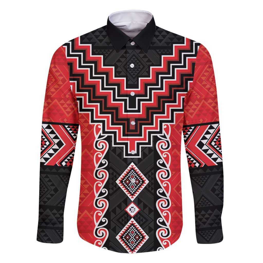 Red Niho Taniwha Mix Poutama Family Matching Off Shoulder Short Dress and Hawaiian Shirt Unique Taniko Aotearoa LT01 Dad's Shirt - Long Sleeve Red - Polynesian Pride