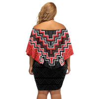 Red Niho Taniwha Mix Poutama Family Matching Off Shoulder Short Dress and Hawaiian Shirt Unique Taniko Aotearoa LT01 - Polynesian Pride