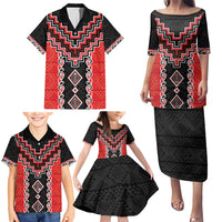 Red Niho Taniwha Mix Poutama Family Matching Puletasi and Hawaiian Shirt Unique Taniko Aotearoa