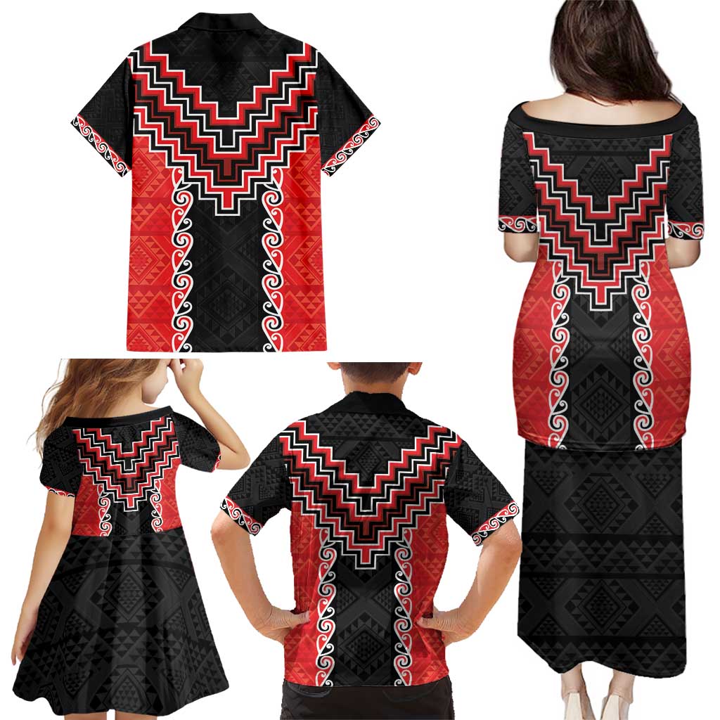 Red Niho Taniwha Mix Poutama Family Matching Puletasi and Hawaiian Shirt Unique Taniko Aotearoa